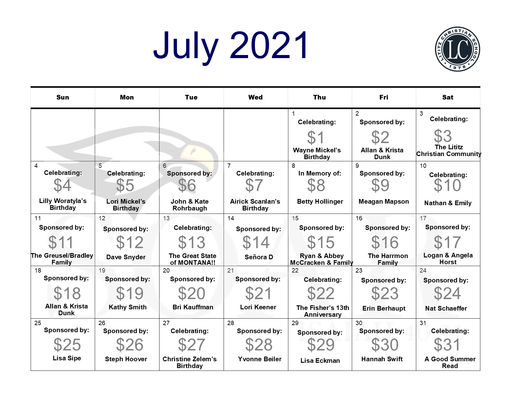 Sponsor A Day Calendar Fundraiser Template Free